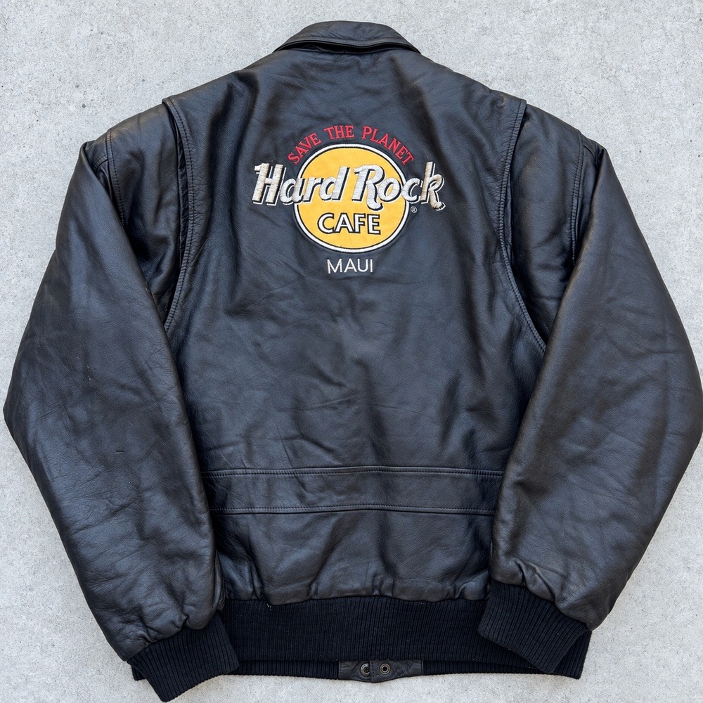 Hard Rock Cafe Maui Black Leather Bomber Jacket Vintage Map Lining Mens Medium